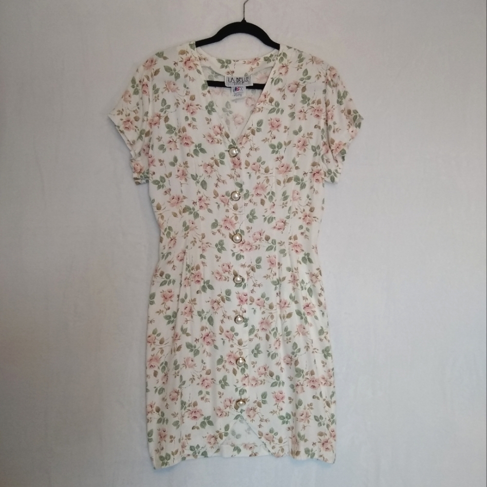 Vintage 1980's La Belle Delicate Soft Pink Floral Feminine Mini Dress Sz 11 USA